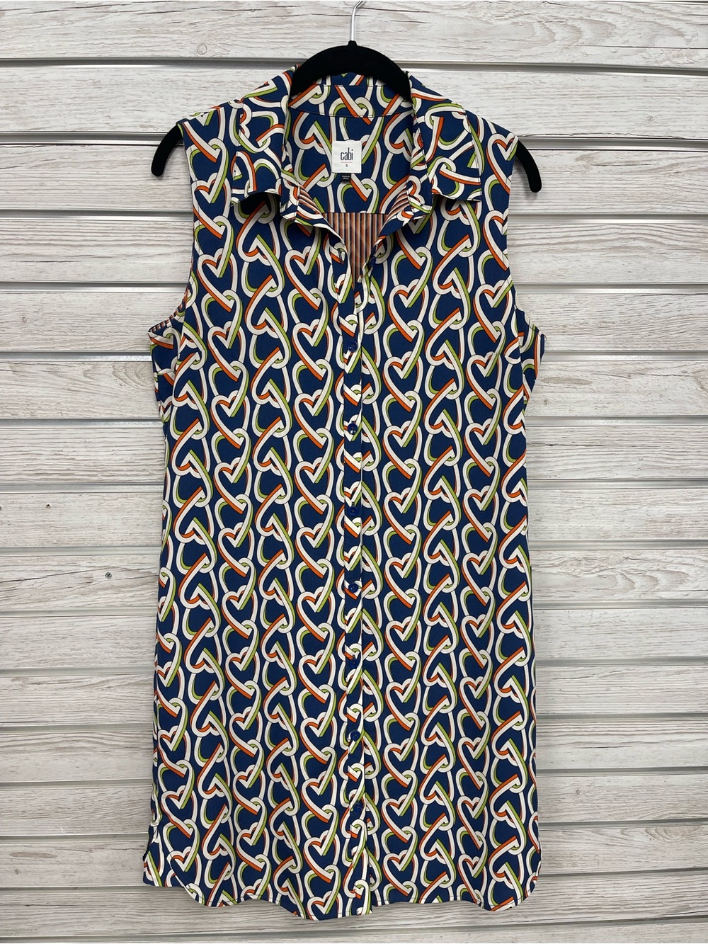 cabi Sleeveless Button-Down Dress in Navy Heart Link Print